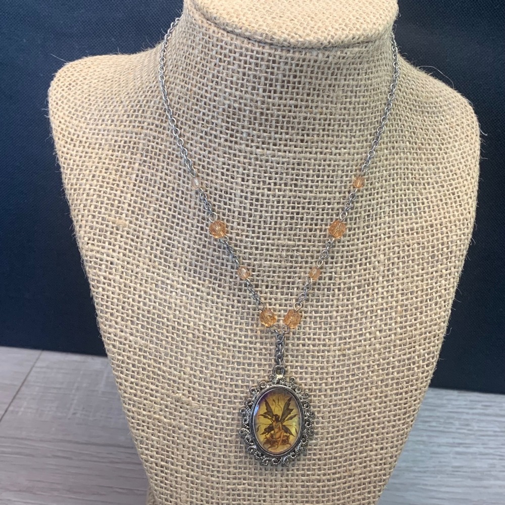 Vintage Style Fairy Cameo Necklace Silver Tone Amber Bead Accent 16 Inch 5412